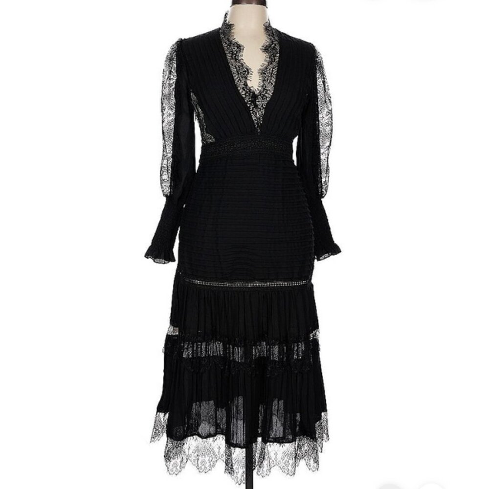 🖤 Whimsigoth Black Lace Pleated Victorian Puff Sleeve Dress – Size Small Velvet